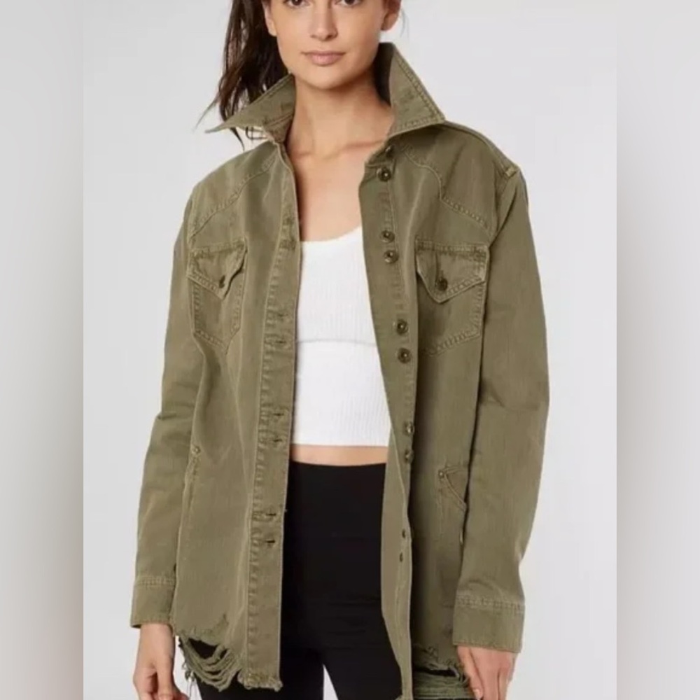 Free People Moonchild Shirt Shacket Olive Green Distressed Oversized Size M - Picture 4 of 13